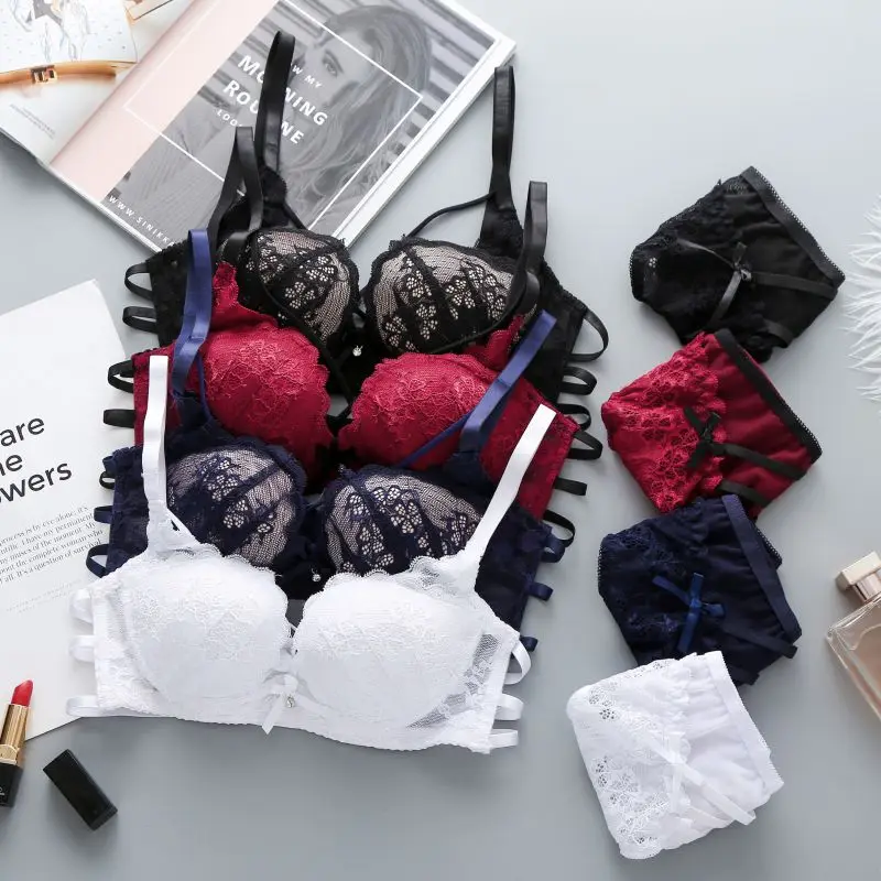 

2019 Fashion New Lace Beauty Back Buckle Gathered Embroidered Bra + Underwear Set