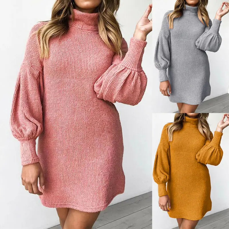 

Womens Turtle Neck Long Sleeve Sweater Dress Ladies Loose Knitted Pullover Tops Autumn Winter Clothes For Women Bikini Cover Up