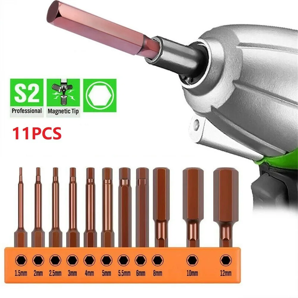 

11pcs 65mm Hex Head Wrench Drill Bit Set 1.5-12mm Screwdriver Metric S2 Steel 1/4" Hex Shank Impact Socket Adapter
