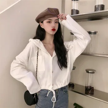 

Short button hooded sweater women's new