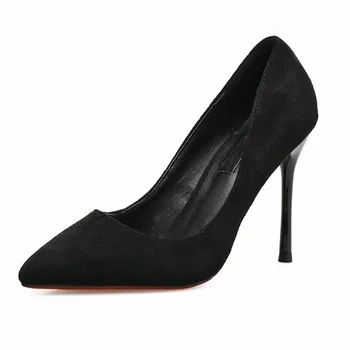 

2020 Spring Autumn Women Pumps Woman High Heels Pointed Toe Office Lady Work Shoes Flock Leather Black Red Shoes A0072