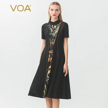 

VOA black silk dress heavy weight hand-painted printed womens dresses micro elastic dress elegant women chothes A10729