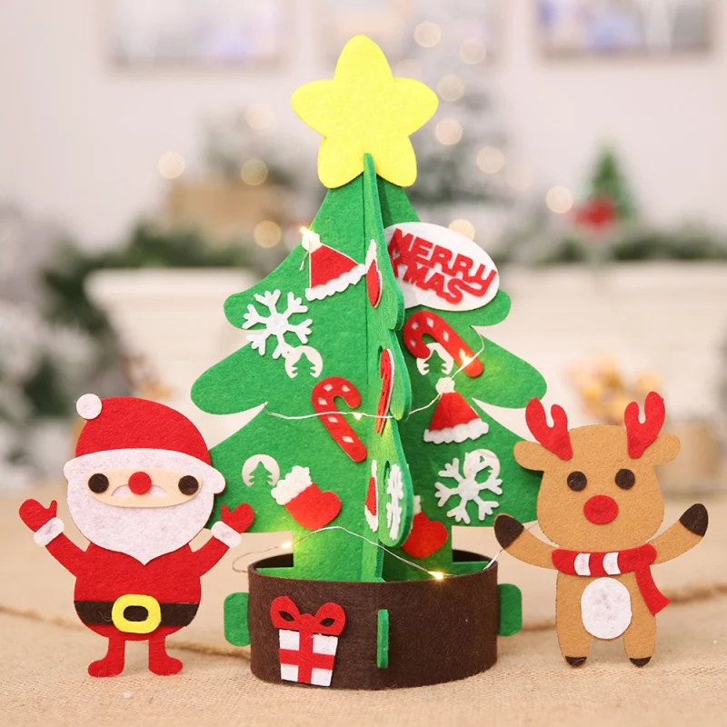 DIY Набор рождественской елки, нетканый ручной работы с маленькими украшениями для детей и взрослых, светодиодный светильник