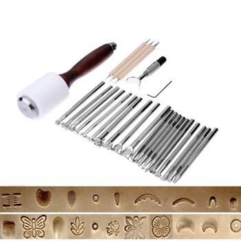 

27pcs Leather Working Puncher Stamp Carving Craft + Hammer + Swivel Tool Cutter Carving Working Stitching Leathercraft Tool Set