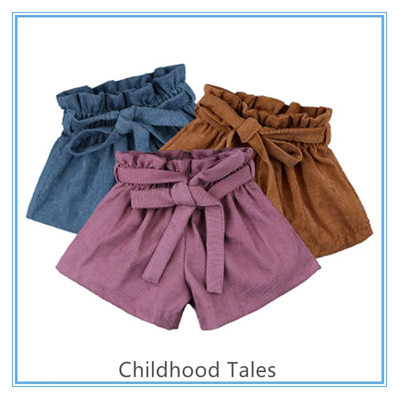 

Summer fashionable children girls candy color high-waist ruffled corduroy princess lace shorts pants
