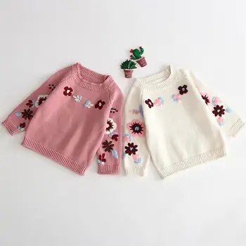 

Baby Girls Kids Knitted Sweater Hand Embroidered Hook Flower Round Neck Sweater Baby Girls Sweater Shirt (White Pink 66cm)