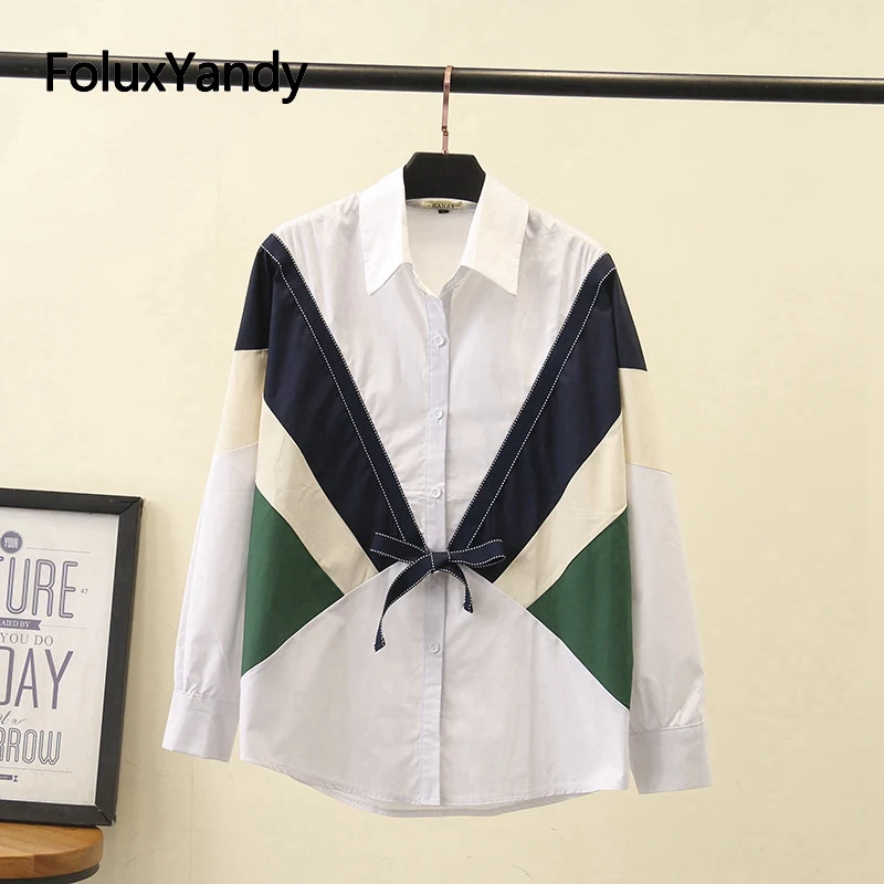 

2019 new ladies tops plus size Shirts turn down collar contrast color Women Blouse patchwork spliced women tops KKFY4063