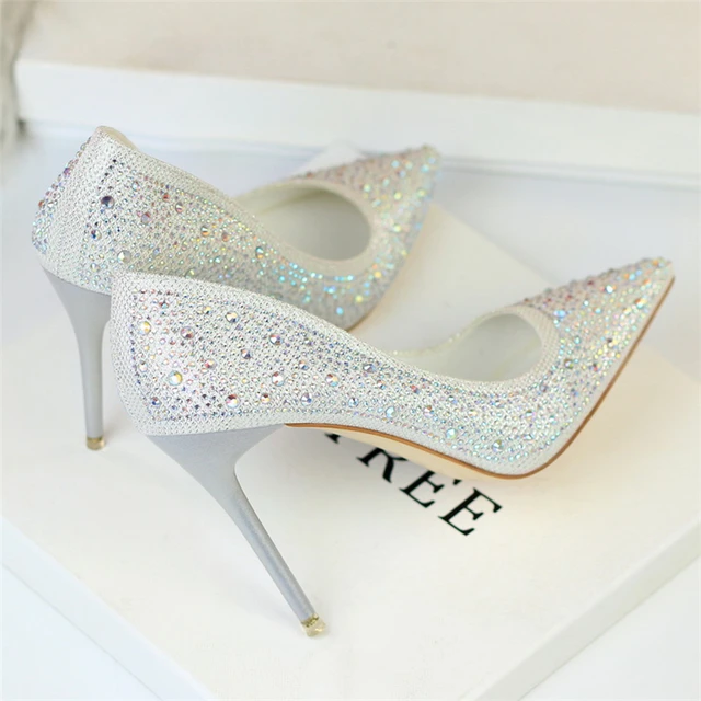 Luxury Crystal Wedding Shoes for Women Pointed Toe Cinderella Heels Shoes  Rhinestone High Heels Shoes Sequin White Wedding Shoes - AliExpress