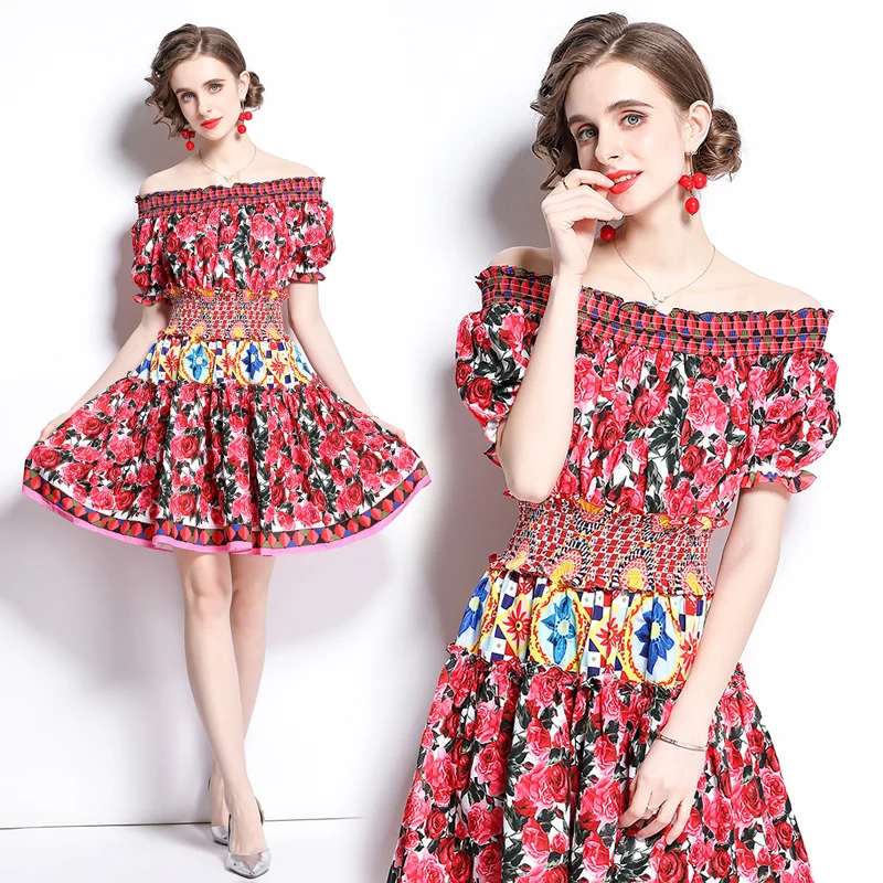

2021 New Women Dresses Office Lady Printing Knee-Length Red Women Dresses Slash neck Sexy Party Night Short Women Summer Dresses