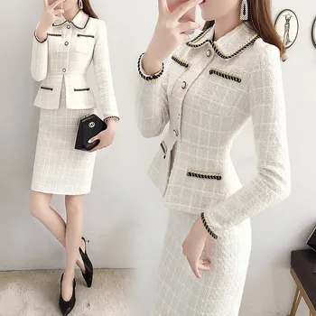 

Women Peter Pan Collar Tweed Dress Vintage Wool Split Joint Two Pieces Elegant Button OL Woolen Autumn Winter Dress For Women