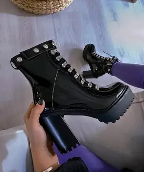 

Women PU Ankle Boots Mid Heels Lace Up Shoes Woman Chaussure Zapatos Mujer Gladiator Platform Vintage PU Leather Booties TW082