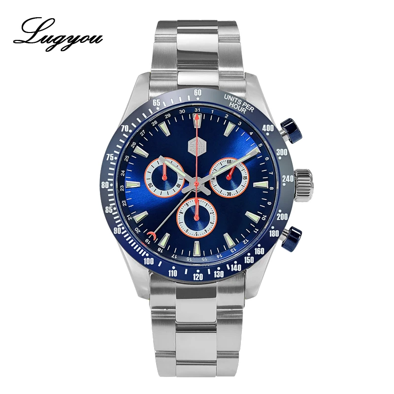 

Lugyou San Martin Quartz Watch Men Chronograph Timepiece Sun ray Metal Band Sub Dials Pusher Sapphire 100m Water Resistant Glow