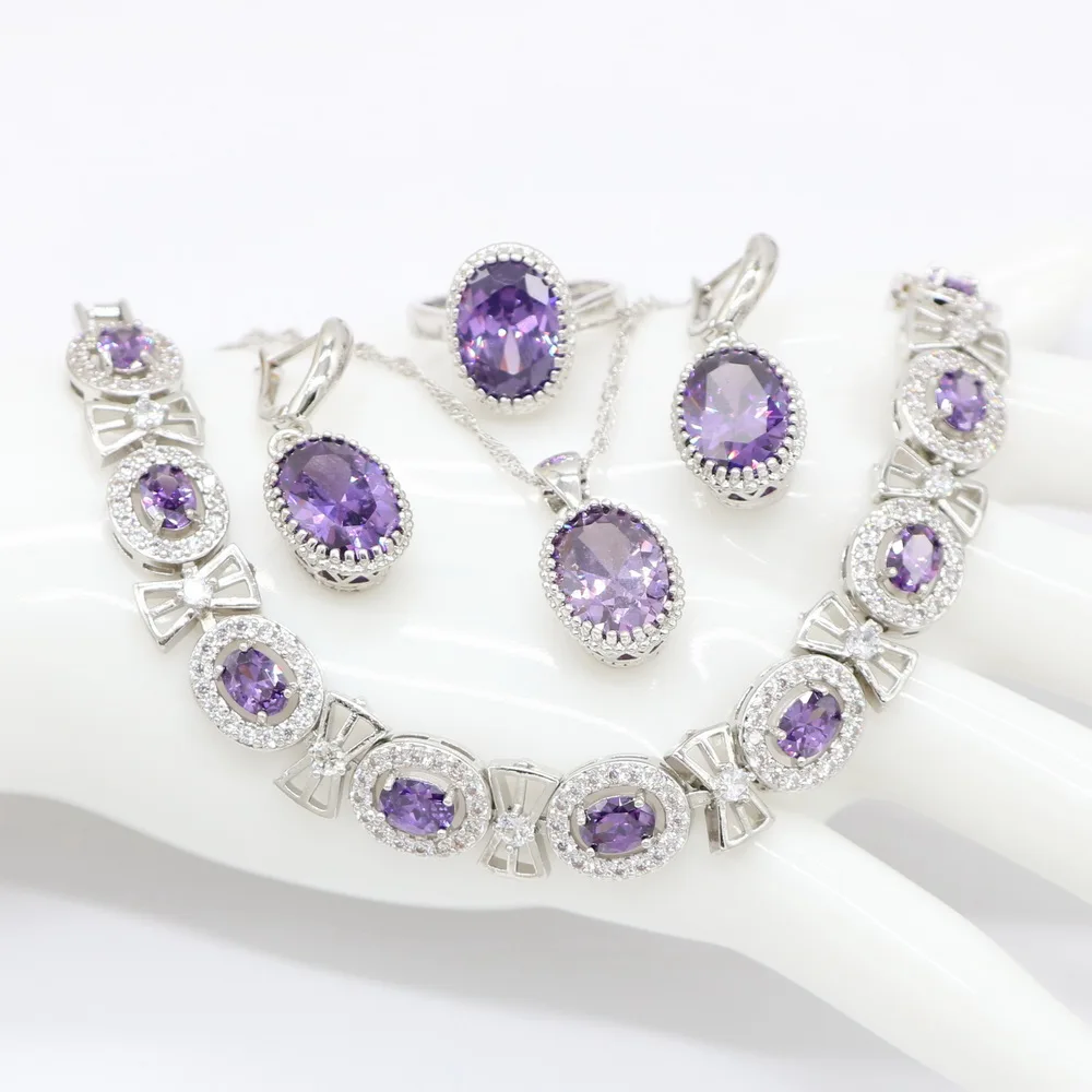 

Round Exquisite Purple 925 Sterling Silver Trendy Pendant Necklace Earring Bracelet Ring Jewelry Sets for Ladies Fashion Gift