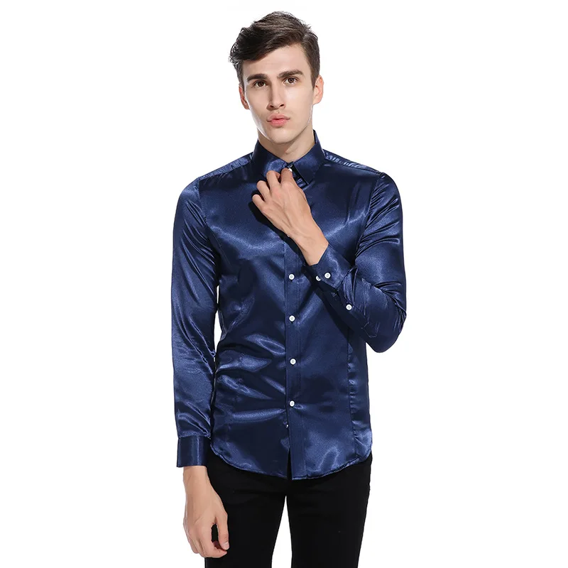Эмуляционная шелковая мужская рубашка Chemise Homme 2017 Высококачественная атласная