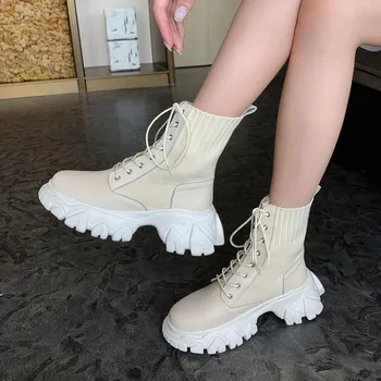 

Autumn winter 2020 fashion boots with cow leather middle heel and square heel, round head and front lace up short tube fashion