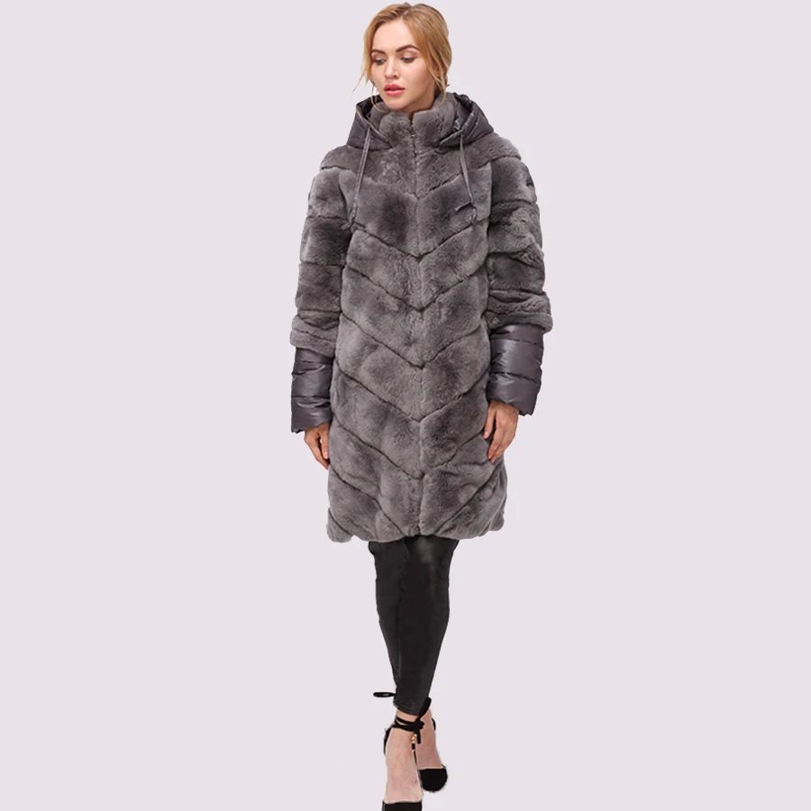 CNEGOVIK NEW long rex rabbit fur coat stand-collar