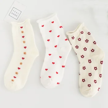 

3 Pairs Pack White Socks Woman Summer Cotton New Fashion Happy Cute Love Heart Chaussette Femme Korean Style Women Socks