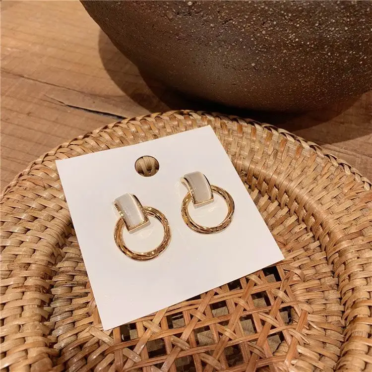 Корейские серьги-капли с металлическими кругами и опалом для женщин, новинка, индивидуальное ювелирное изделие, серьги Bijoux золотого цвета