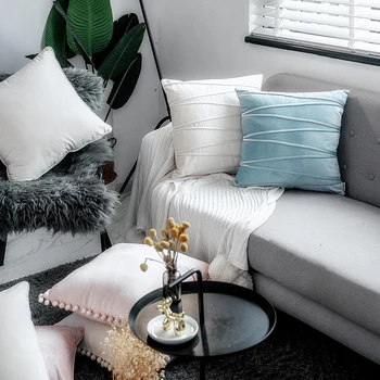 

30x50/40/45/50/60cm solid color velvet cushion cover wave pattern embroidered pillowcase sofa pompom pillow cover hair ball edge