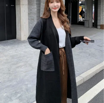 

New 2020 Women's Sweaters Autumn Winter Oversize Fashionable Pockets Long Cardigans Patchwork Knitwear Tops