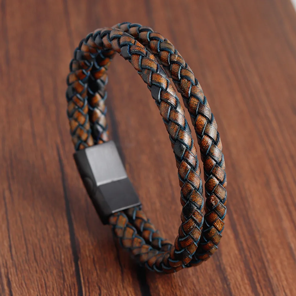 New Fashion Jewelry Men Bracelet Stainless Steel Magnet Clasp Antique Genuine Leather Cuff Bangle Bracelet Men - Image 4