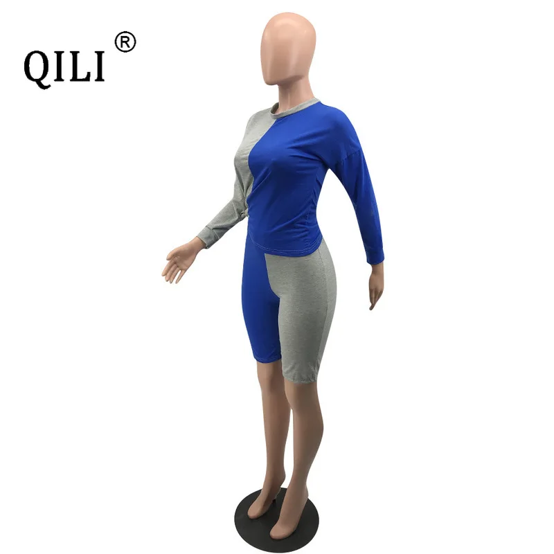 QILI, Женский комплект из двух предметов, комбинезон с длинным рукавом, комбинезон, топ и шорты, пэчворк, повседневный комбинезон для женщин, s, осенняя одежда размера плюс