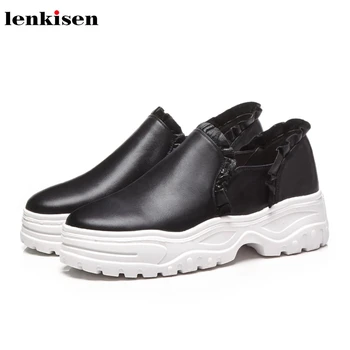 

Lenkisen new genuine leather slip on ruffles simple loafers shoes round toe high heels thick bottom women svulcanized shoes L90