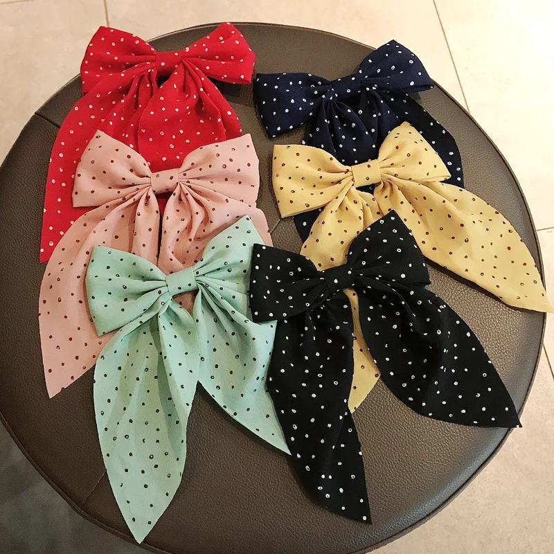 Polka Dot Print Big Bow Hair Clips Barrettes Bow Knotted Long Ribbon Chiffon Hairpin for Women Girls Hair Accessories Hairband black head scarf