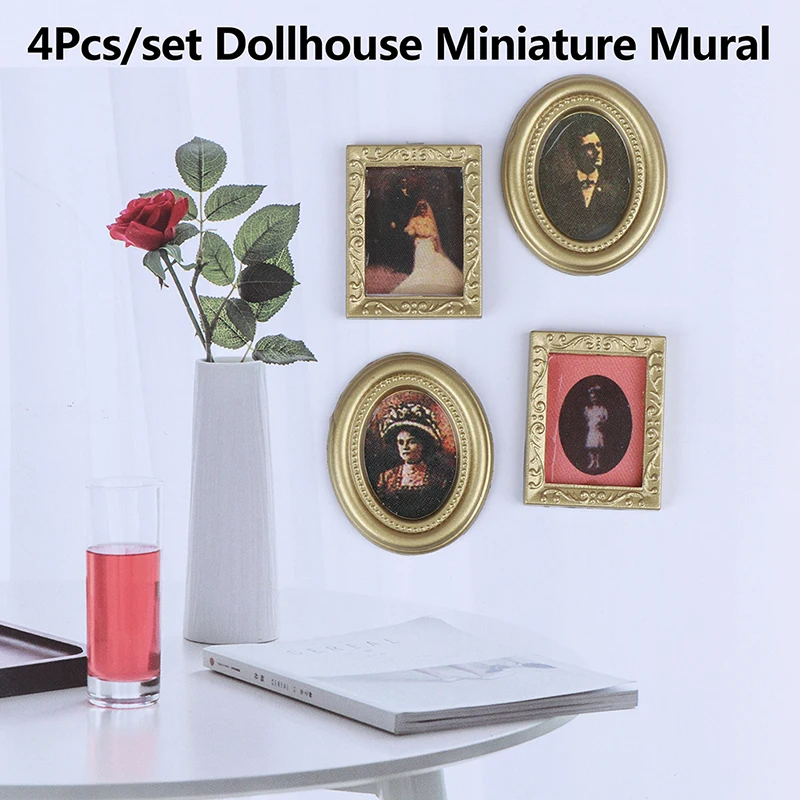 4pcs 1:12 Dollhouse Miniature vintage style Style Mural Photos Painting Picture