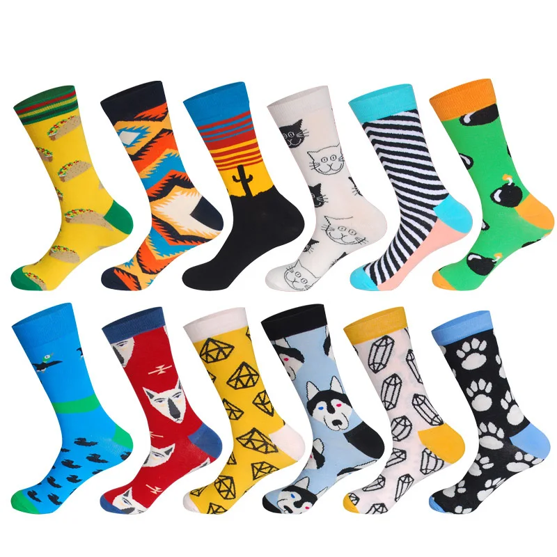 LIONZONE, 12 пар/лот, мужские забавные цветные носки из чесаного хлопка, дюжина упаковок, масляная живопись, персонаж, повседневная одежда, свадебные счастливые носки - Цвет: CW12-13-0214