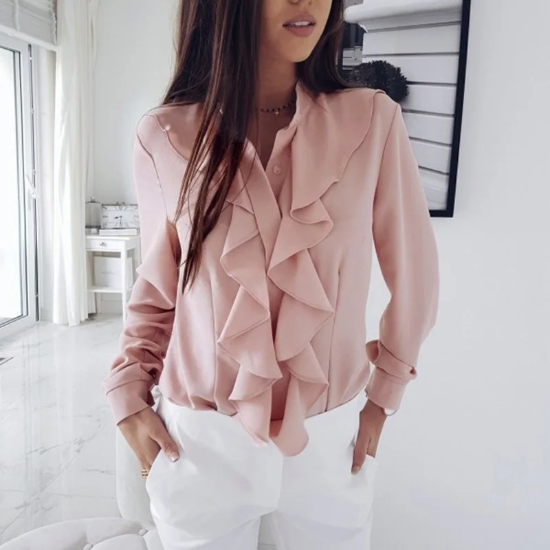 New Women Soft Blouse Tops Long Sleeves Ruffled V-neck Solid Color Slim Tops