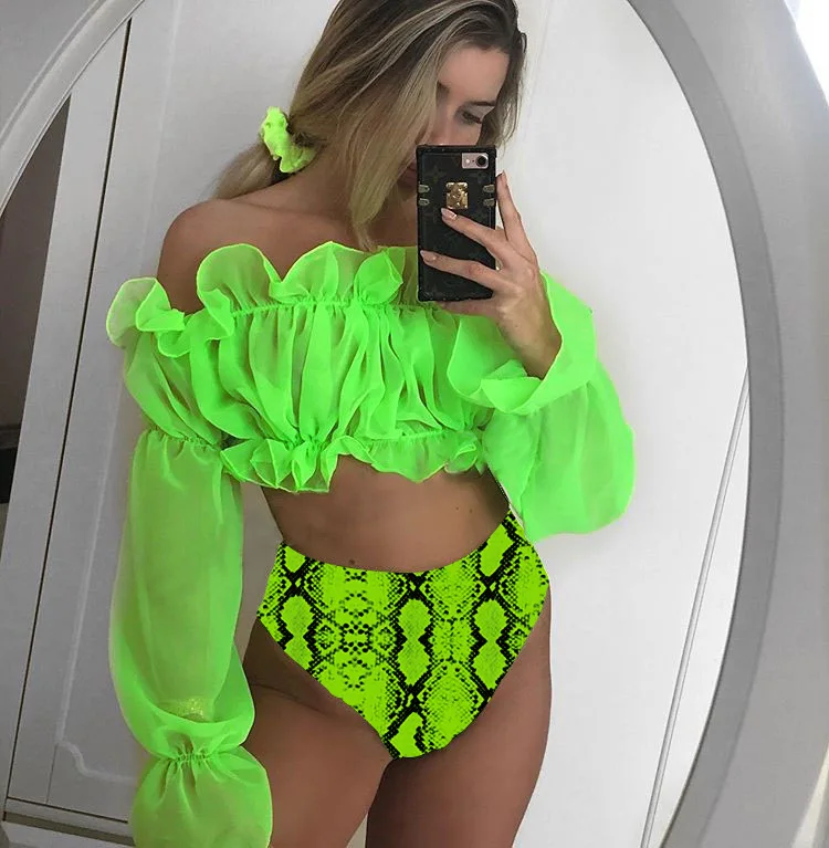 

Fluorescent Green Top Add Leopard shorts Bright Two-pcs Style Splicing High Waist Bikini Neon Lime Rib Bikini Womens' Swimwear