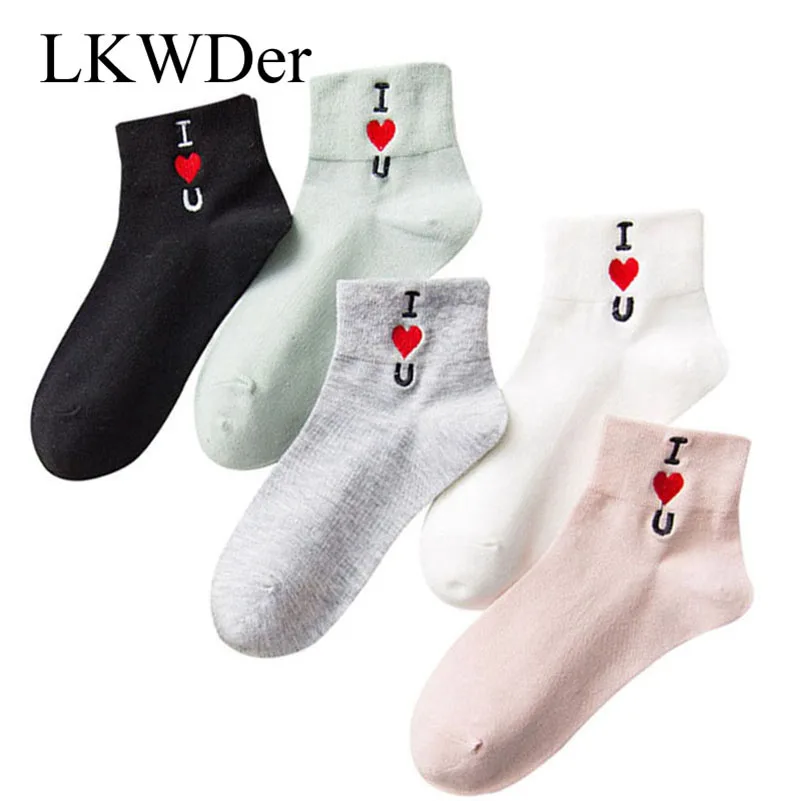 LKWDer, 5 пар, женские носки, весна-лето, короткие, цилиндрические, алфавитные, хлопковые носки, с вышитыми буквами, носки-лодочки для женщин, Meias
