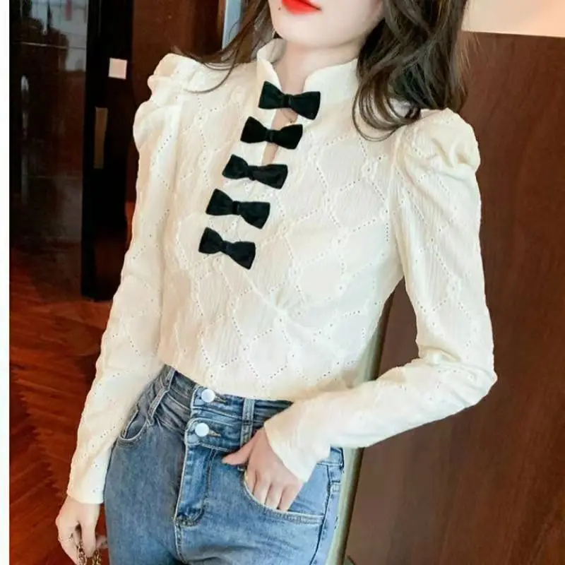 

Women's Spring And Autumn Version Bow Hollow Lattice Jacquard Shirt Foreign Style Slim Puff Sleeve Bottoming Shirt DD6679