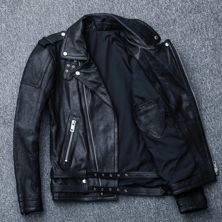 Spring 100% Genuine Soft Sheepskin Tanned Leather Jacket Men's Black Motorcycle Jackets Male Motor Clothing Biker Jacket Autumn sheepskin trench coat