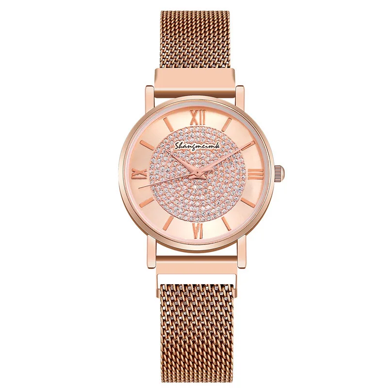 Rose Gold WJ-8839 стразы, роскошные женские часы, римские цифры, кварцевые наручные часы, женские часы с магнитной пряжкой, браслет - Цвет: Rose Gold