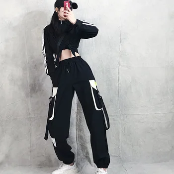 

Women Drawstring Trousers Spring Patchwork Ribbons Cargo Pants 2020 Hip Pop High Waist Sweatpants Pocket Loose Joggers