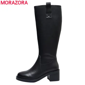 

MORAZORA 2020 autumn winter fashion genuine leather knee high boots thick high heels round toe black motorcycles women boots