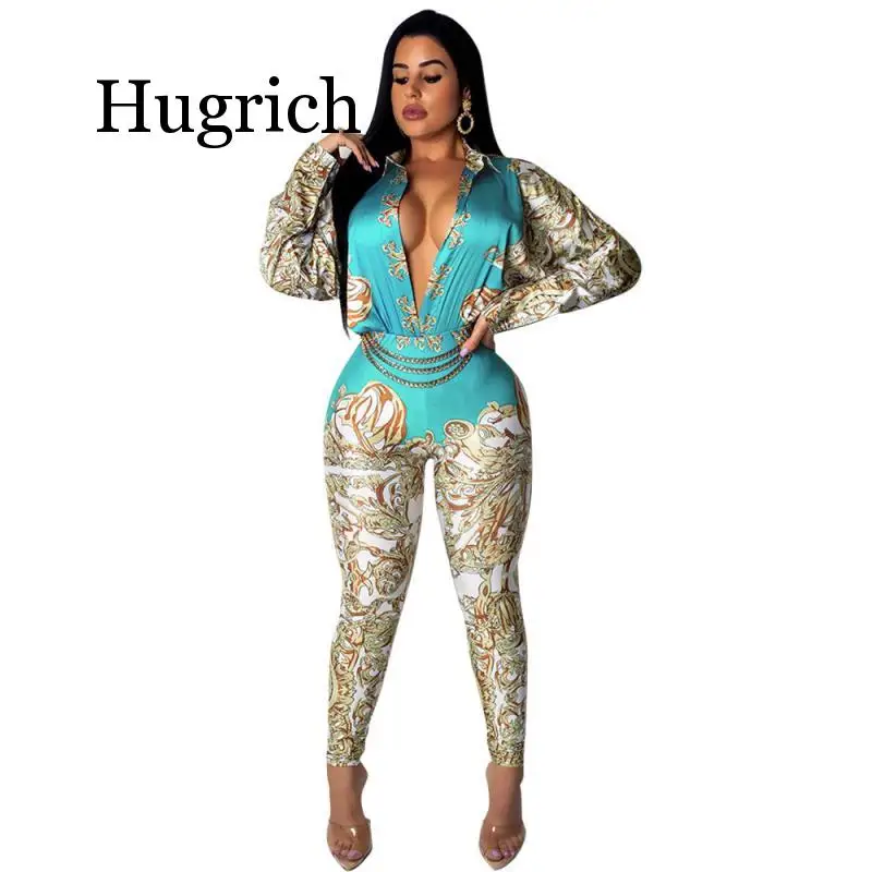 

Women Jumpsuit Romper Long Sleeve Sexy Vintage Chain Print Playsuit Overalls Long Trosers Elegant Office Ladies Casual Slim 2020
