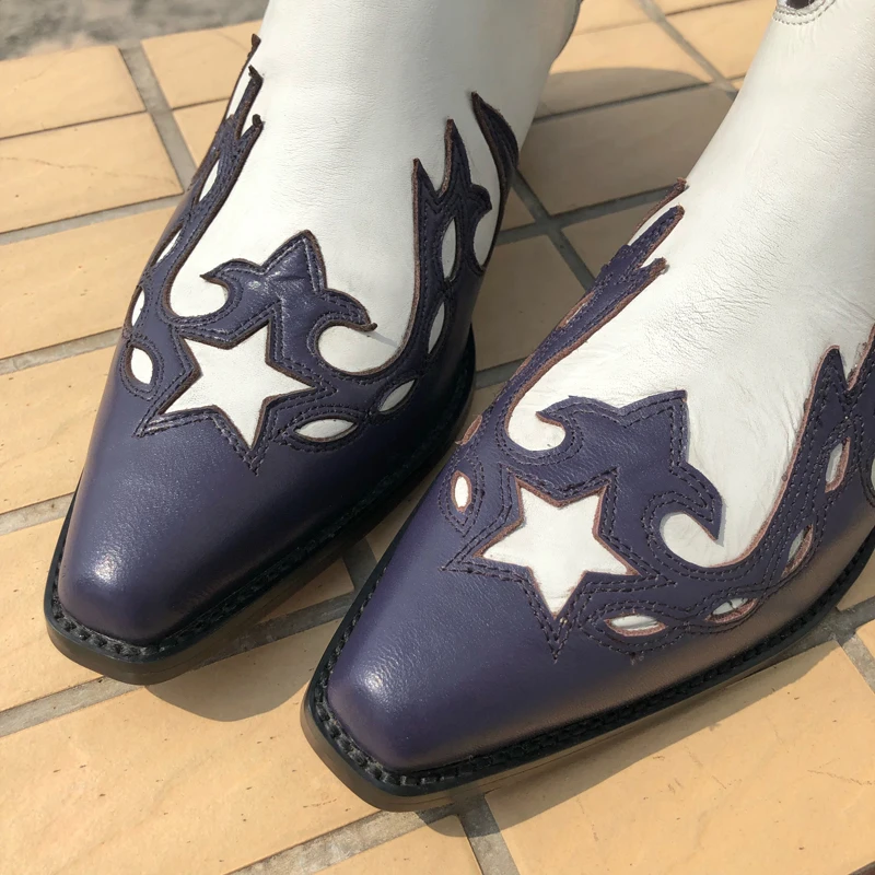 VIISENANTIN Retro Leather Lady Cowboy Boots Chunky Heel Color Match Embroidery Stars Decor Fashion Boot High-end Quality