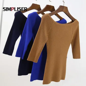 

Sexy Slim Fit Off Shoulder Knitted Sweater Women Autumn Elegant Jumper Pull Femel Winter High Stretch Knitwear 19 Colors Tops