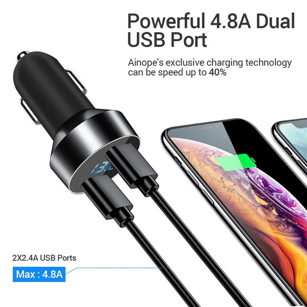 Автомобильное зарядное устройство сдвоенный USB Автомобильное зарядное устройство 4.8A металлический автомобильный адаптер светодиодный дисплей Автомобильный детектор напряжения Быстрая зарядка для iPhone Android