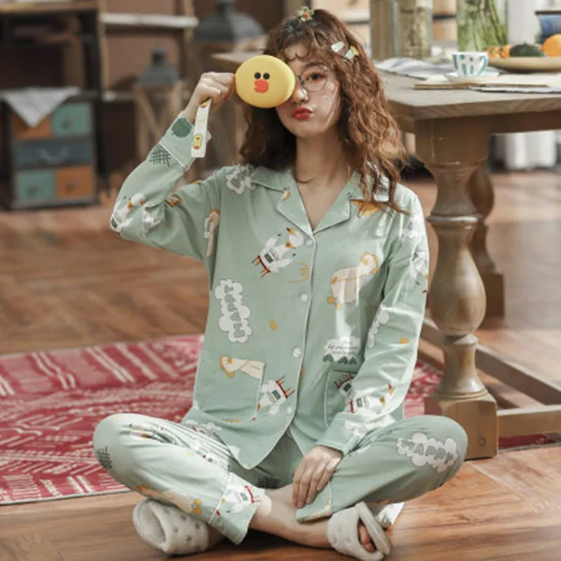 

Pajama women's spring autumn thin long sleeve pure cotton sweet lovely home clothes Pajama suit summer cardigan duck