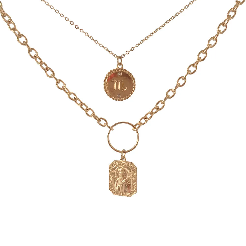 

2019 F/W trendy gold color plating round Scorpio square pendant layered necklace for women