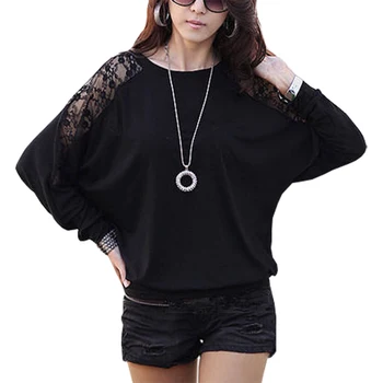 

women t shirt lace stitching hollow out loose solid color bat sleeve T-shirt