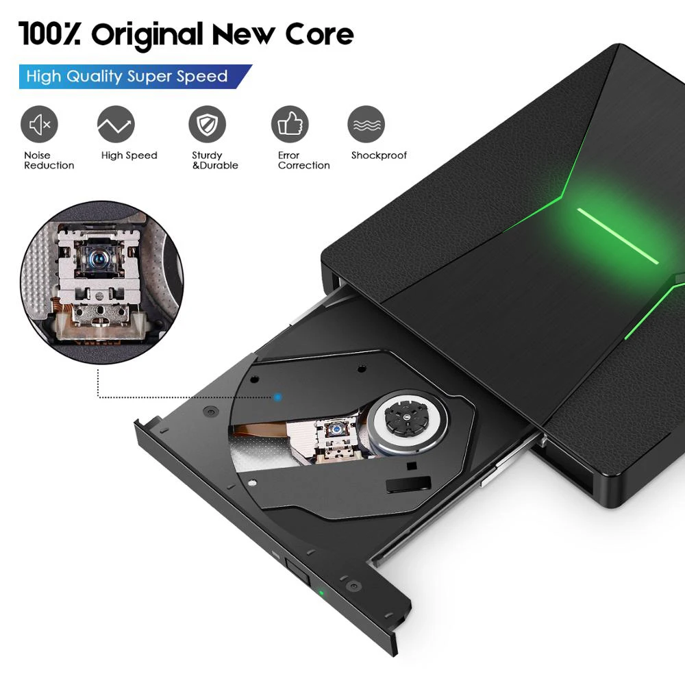Quemador KuWfi USB 30 tipo C portátil de alta velocidad de DVD +/RW con luz colorida reproductor de