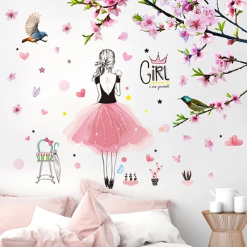

[shijuekongjian] Peach Flower Tree Branch Wall Stickers DIY Cartoon Girl Mural Decals for Living Room Kids Bedroom Decoration