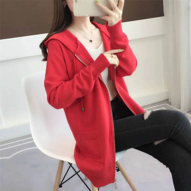 red cardigan Woherb свитер женский сплошной цвет длинный рукав с капюшоном вязаный кардиган пальто молния Свободная трикотажная куртка корейская мода новинка 90990 - Цвет: red cardigan