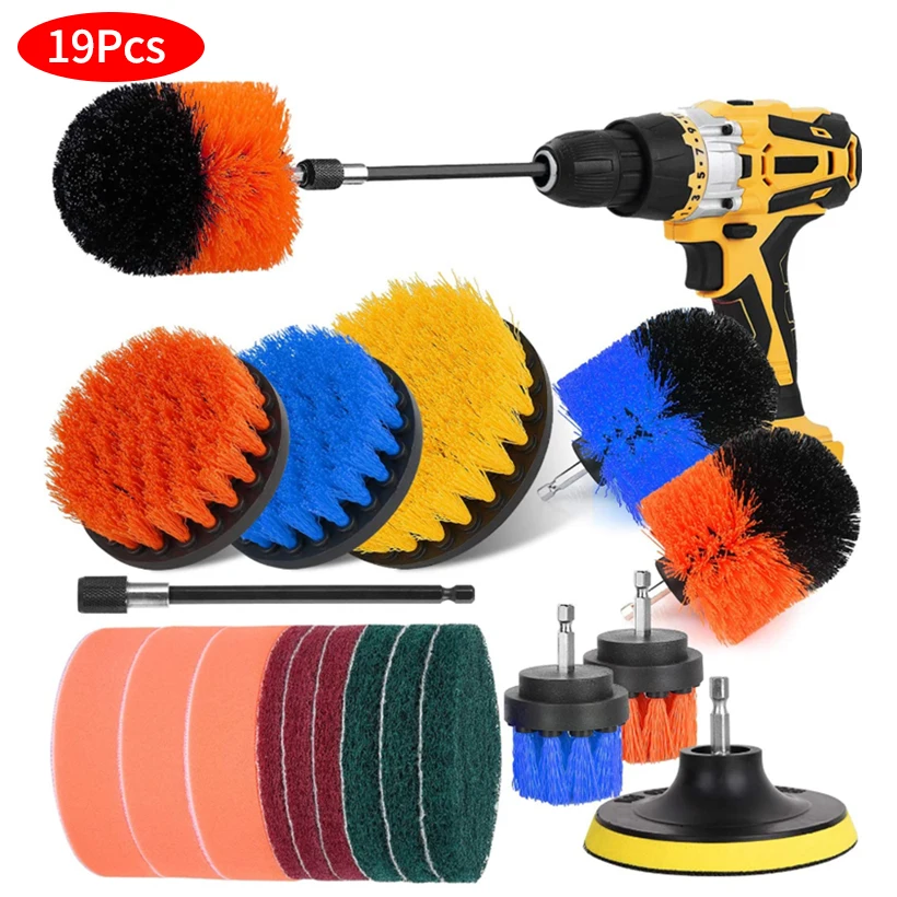 Juego de cepillo de limpieza de taladro eléctrico para limpieza de azulejos de piscina, suelos, ladrillo, cerámica, mármol, juego de pinceles de belleza, 19 Uds.
