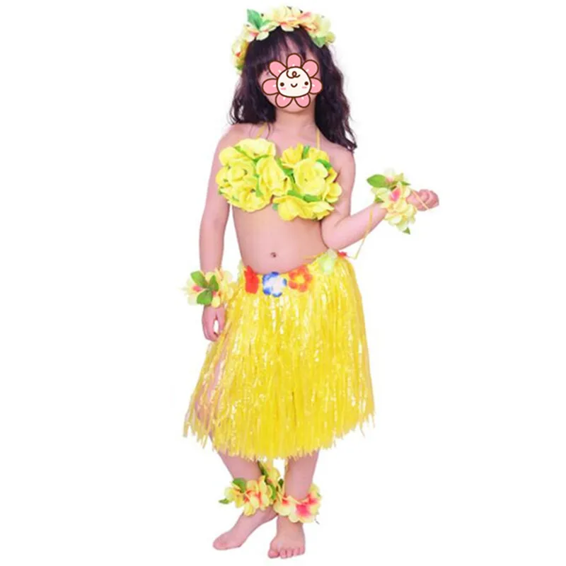 Kids Girls Hawaii Fancy Dress Grass Skirt Hula Flower Bra Lei Garland Hawaiian 